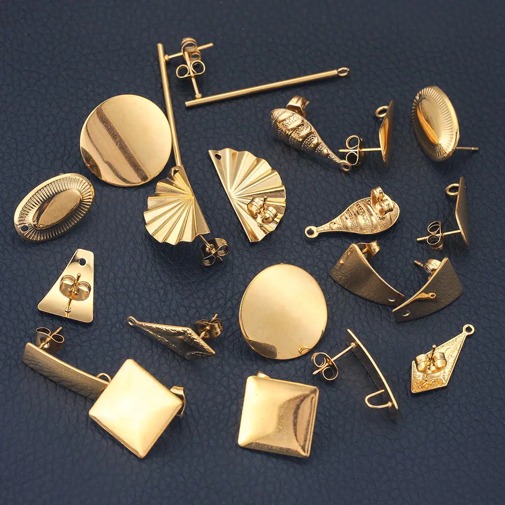 10pcs Stainless Steel Geometric Round Earring Stud Golden Earrings Base Connectors Diy Making Supplies Accessories Materials