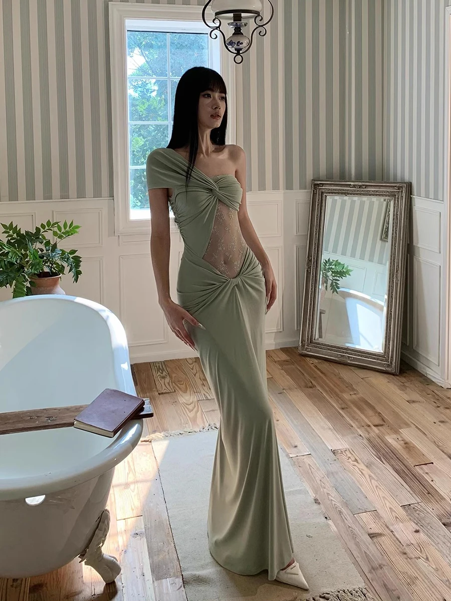 REDDACHiC 夏ツイストコルセットパーティードレスステッチレースシースルーオフショルダーマキシロング欲望ワンピースフォーマル女性服