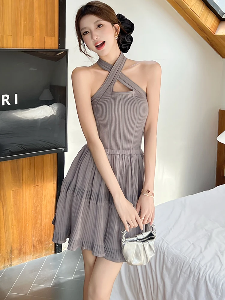 Summer White Knitted Patchwork Ruffled Mini Dress Women Elegant Neck-mounted Sexy Dress 2025 Korean Fashion Bodycon Chic Dresses