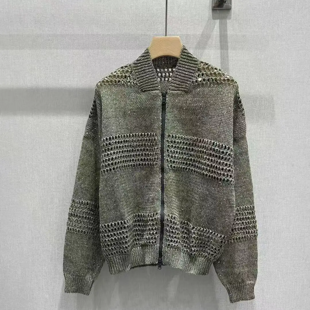 

Women Sequin Cardigan Hollow Out Long Sleeve Stand Collar Vintage Female Knitted Sweater