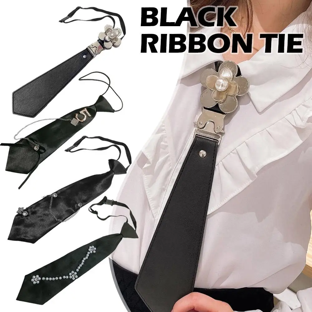 Japanese Women Girls Faux Leather Black Necktie Gothic Punk Pearl Plastic Silver Flower Adjustable Bowtie School Uniform Cosplay