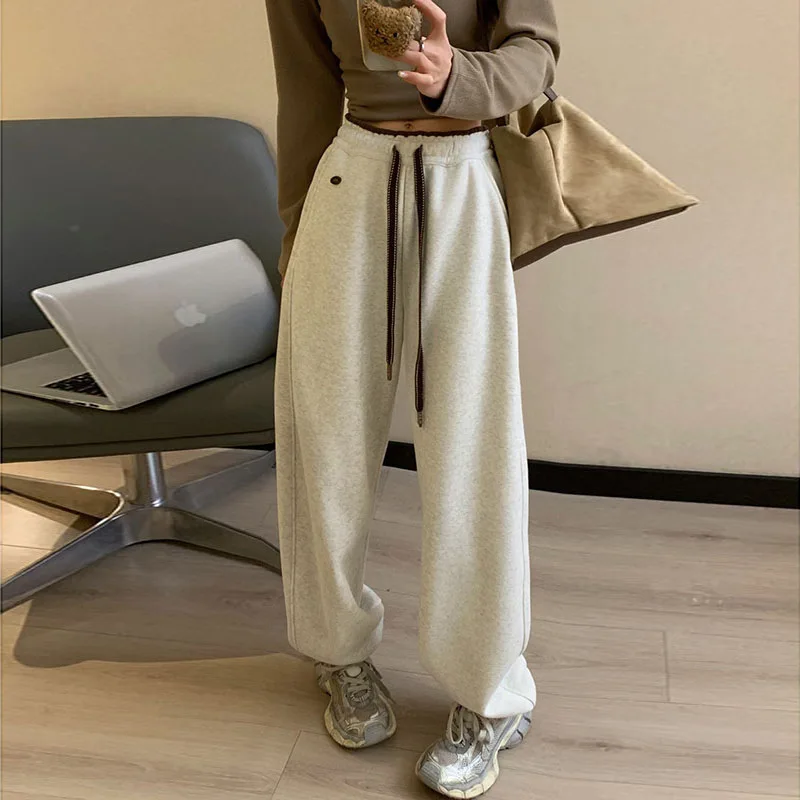 Grey Fleece Lined Women Pants Oversize Style Baggy Contrast Color Korean Fashion Cotton Sweatpants Vintage Streetwear Trousers