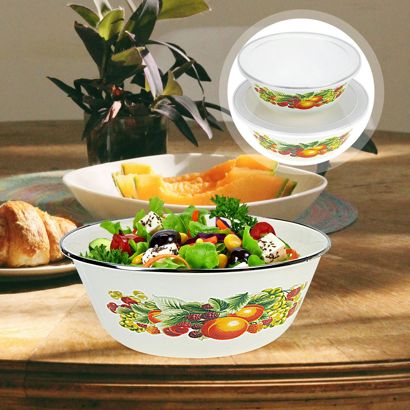 2Sets Enamel Food Storage Bowls with Lids Thick Soup Salad Noodle Bowls Multipurpose Kitchen Containers