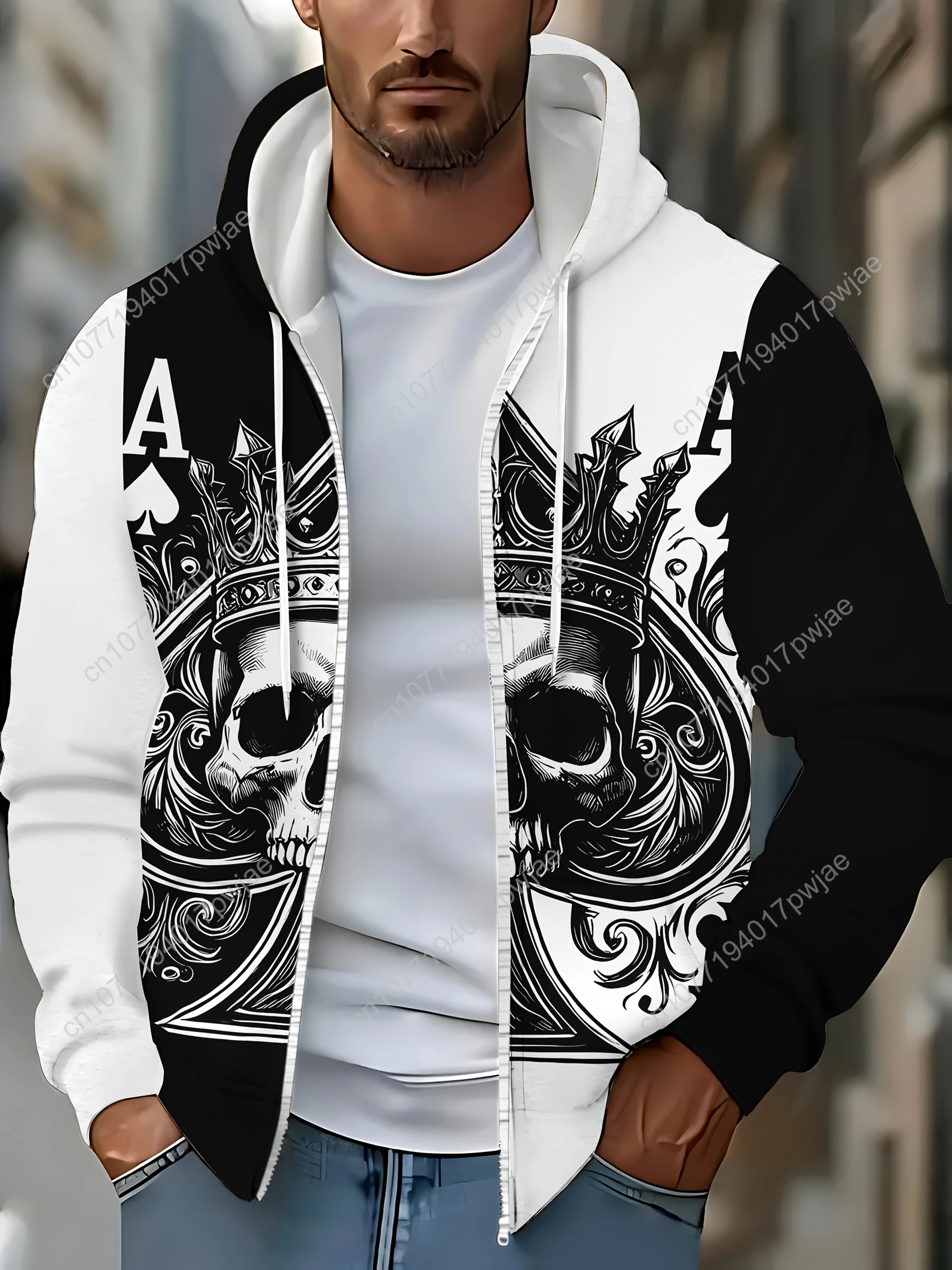 [Готическая толстовка] Высококачественная толстовка унисекс с готическим принтом черепа и пика |   Куртка на молнии с длинным рукавом и капюшоном на шнурке, F