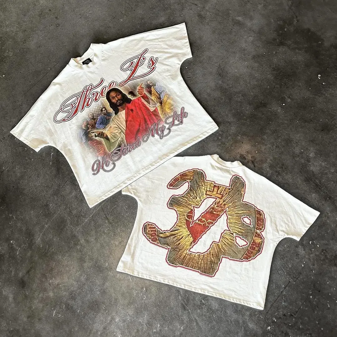 Y2k Clothes Print Crop Top American Style Faith Pattern Oversized T-shirt Street Graffiti Goth Half Sleeved T-shirt Short Sleeve