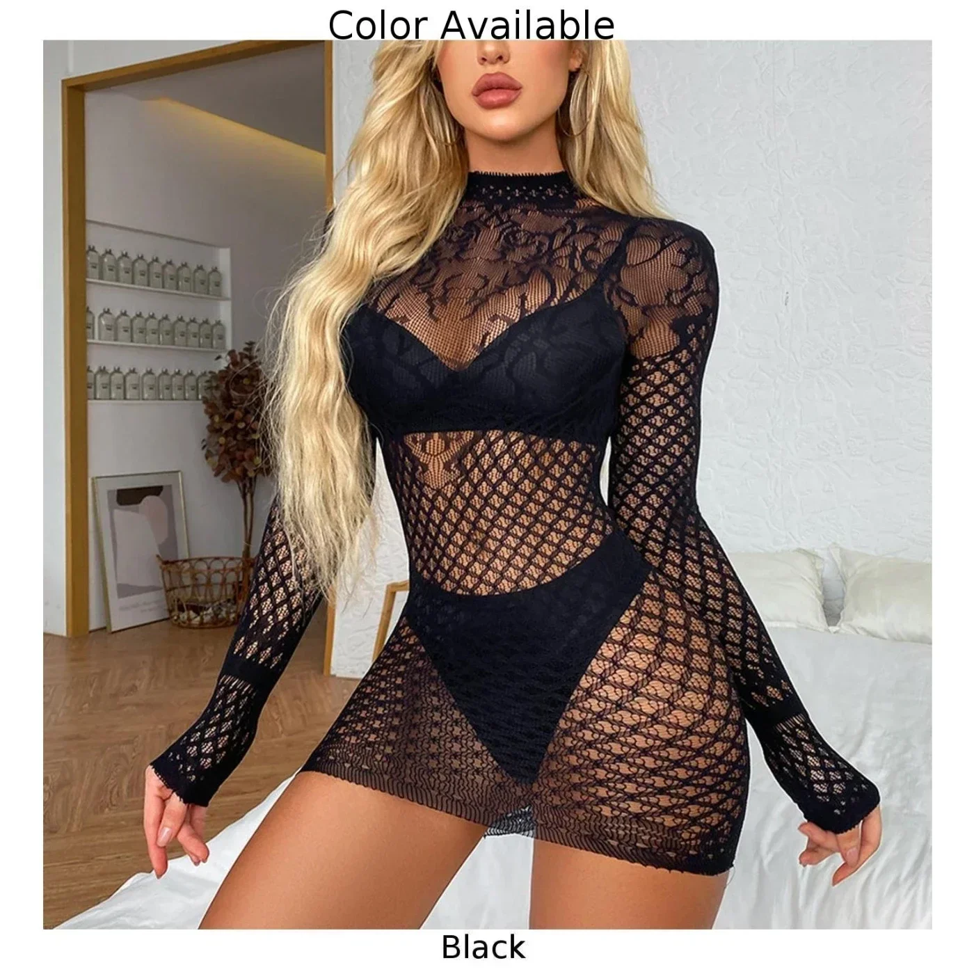 Lingerie renda seksi untuk wanita Bodysuit berongga Fishnet gaun tembus pandang Bodycon Lingerie erotis pakaian tidur menggoda Mini