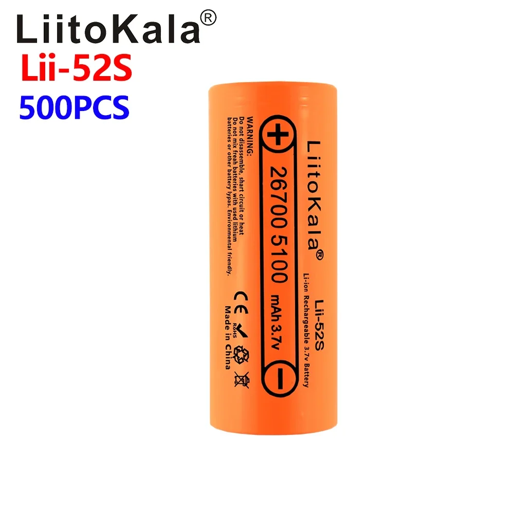 

500pcs LiitoKala Lii-52S 26700 5100mAh 3.7V Rechargeable lithium battery cell for 36V e-bike power HID solar light/3C discharge