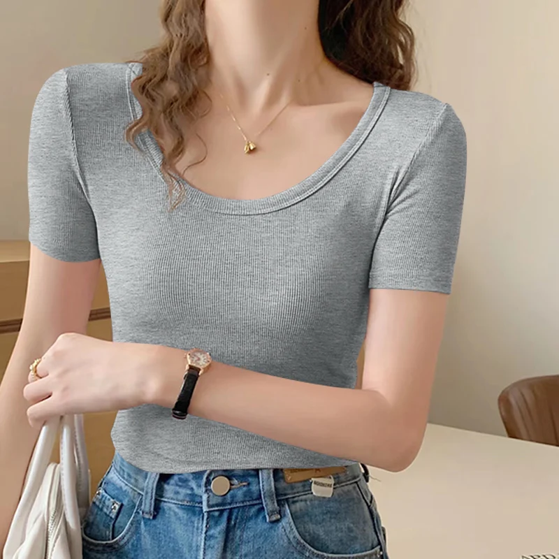 Solid Women Short Sleeve T Shirt Ribbered O Neck Loose Black White Basic Thin Tops Fashion Harajuku Casual Outer Wear T-Shirts