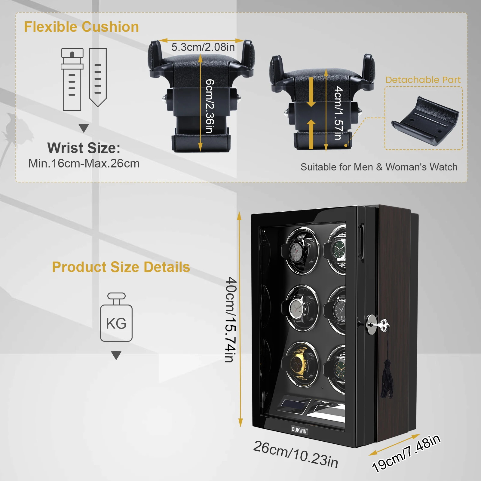 Kotak Winder jam tangan 6 Slot otomatis, jam tangan Winder hitam dengan lampu LED layar sentuh kendali jarak jauh