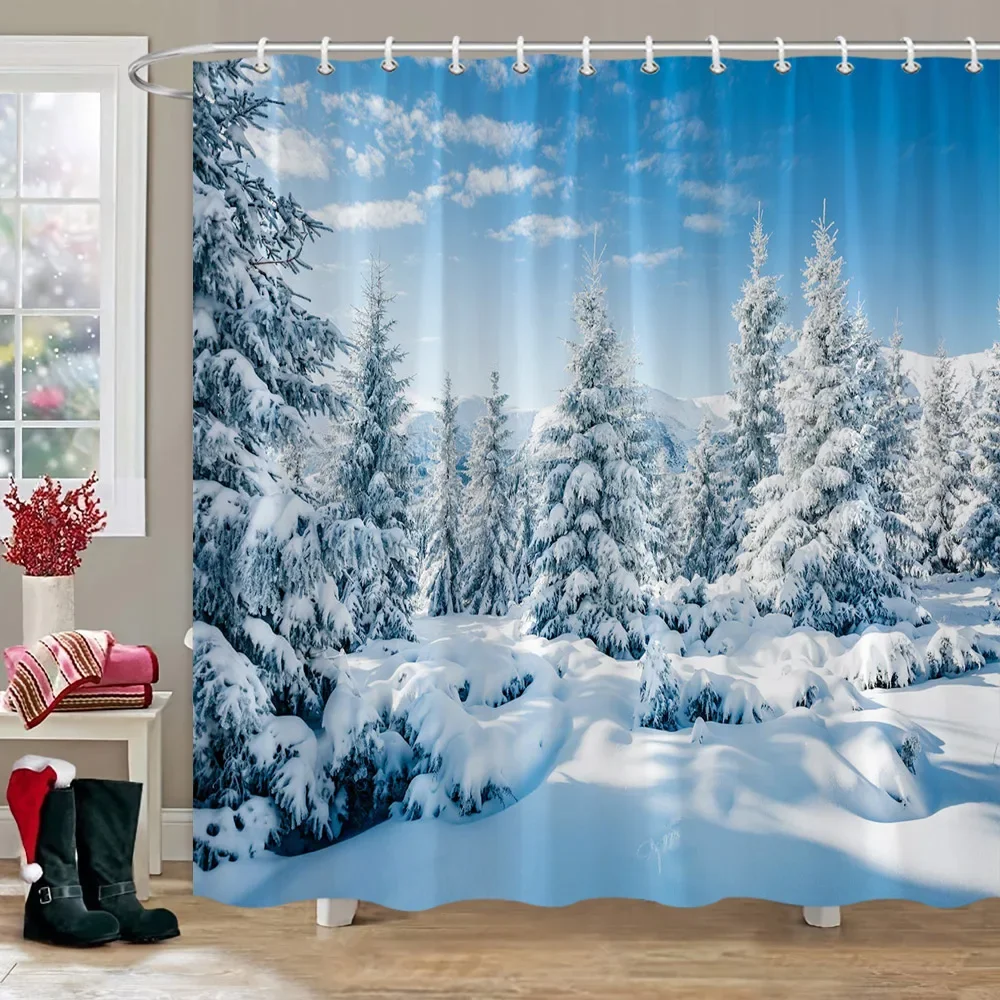 Winter Outdoor Forest Snow Shower Curtain Simulation Window Landscape Polyester Fabric Water Shower Curtains Bathroom Decoration