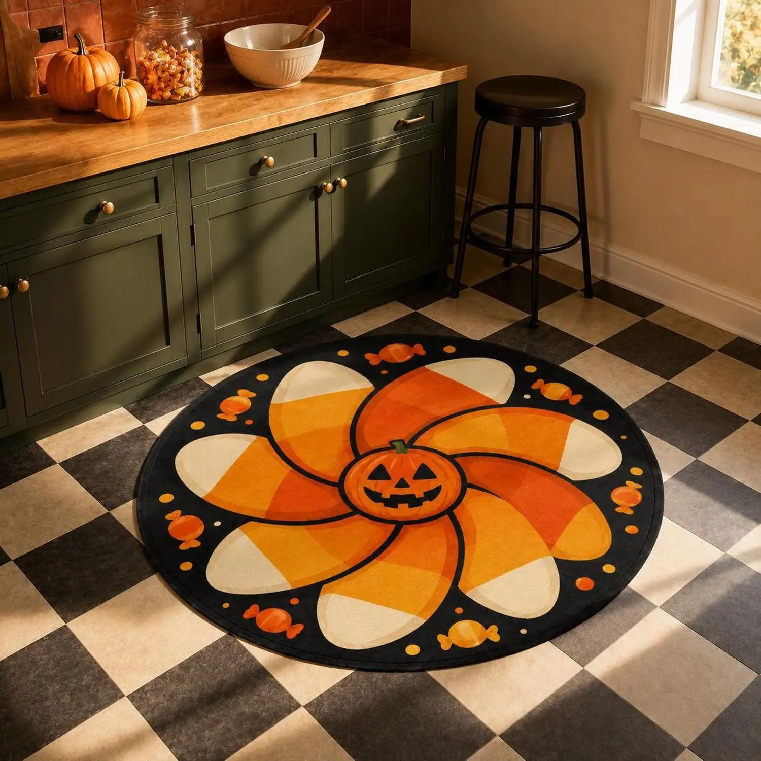 【Room Decoration Carpet】Halloween Candy Corn Round Carpet, Pumpkin Kitchen Carpet, Cute Autumn Carpet, Spooky Autumn Decoration