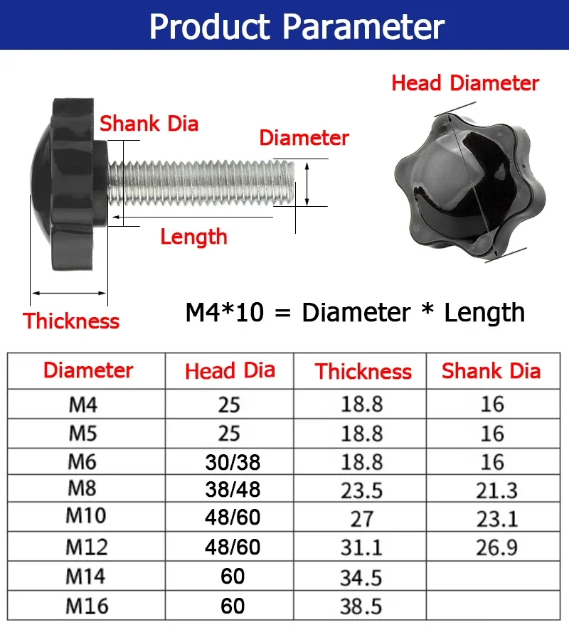 1pcs M6 M8 M10 M12 M14 M16 Hand Screw 304 Stainless Steel Handle Bakelite Bolt Knob Plum Handle Length 6-150mm Head 30/38/48/60