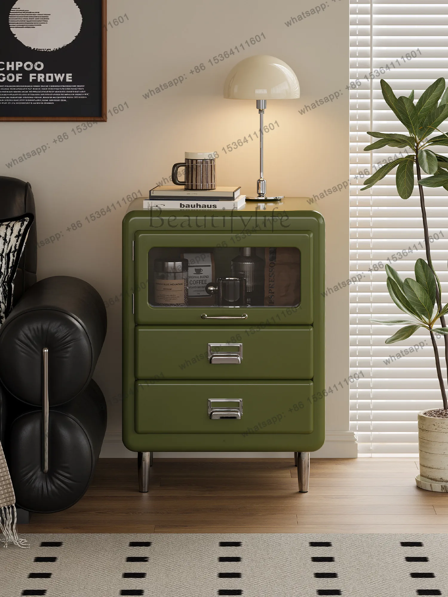 Japanese-style retro three-bucket cabinet, bedroom bedside glass drawer storage cabinet