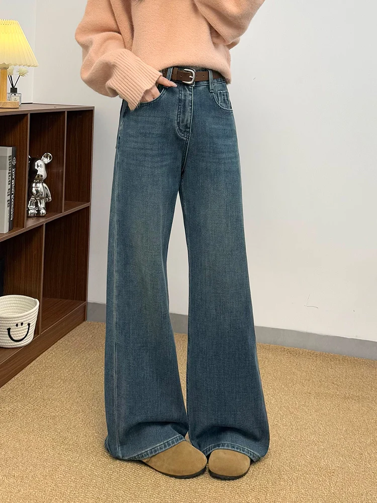 

Джинсы-колокольчики с высокой талией Thiened Fce, женские зимние новые винтажные длинные брюки свободного покроя из Гонконга