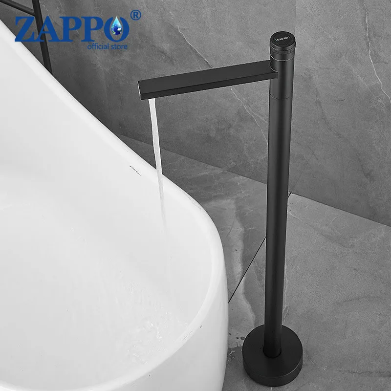 ZAPPO Black Freestanding Bathtub Faucet Bathroom Floor Mount Standing Tub Filler Brass Bath Mixer Tap Without Handheld Spray