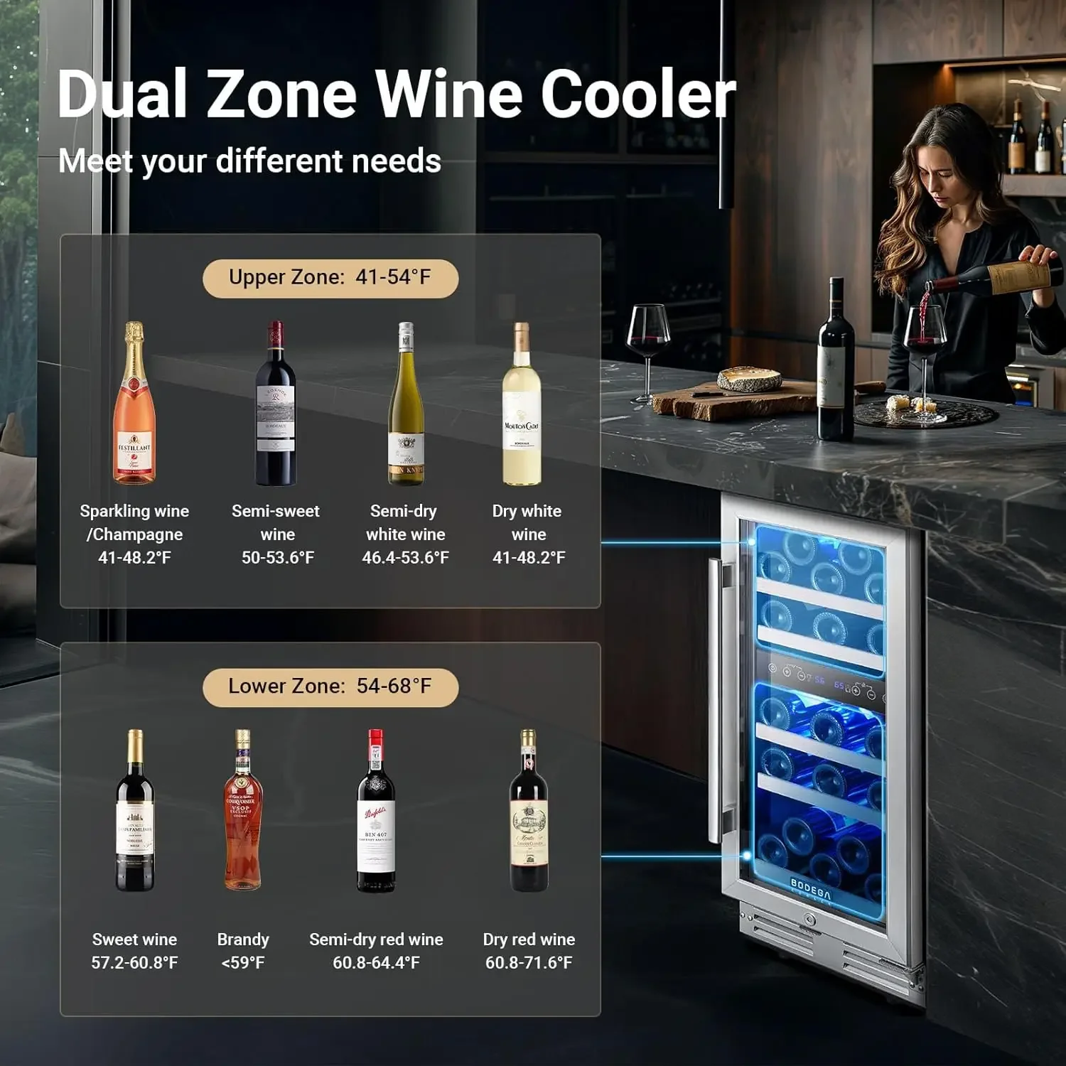 Enfriador de vino de 15 pulgadas, refrigerador de vino de doble zona con puerta de vidrio de doble capa, refrigerador de vino con control de temperatura digital