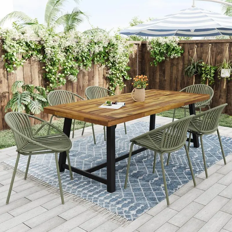 7-Piece Outdoor Modern Dining Set with Stackable Chairs - Green Colorful Design for Patio, Garden, or Balcony Use, Durable &