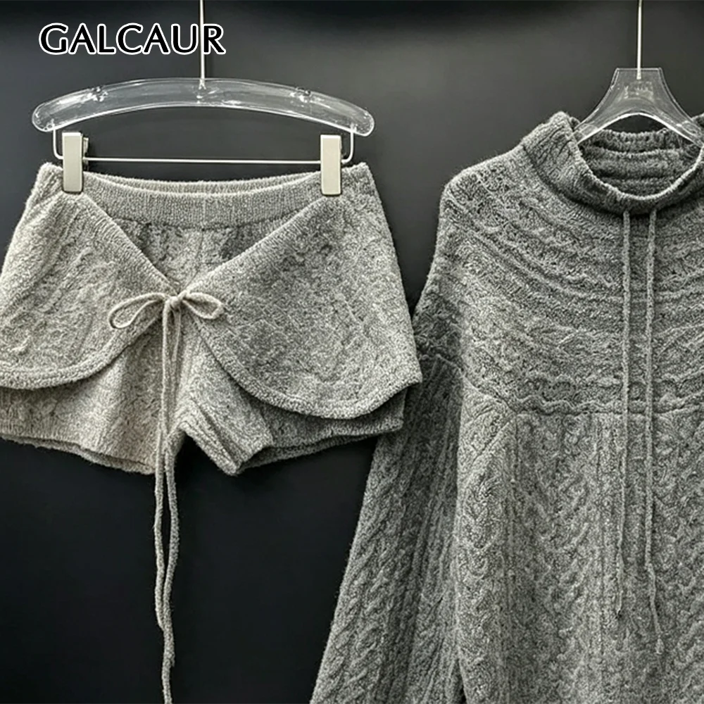 GALCAUR Knit Spliced Drawstring Loose Two Piece Set for Women High Collar Long Sleeve Top High Waist Short Solid Sets Female New