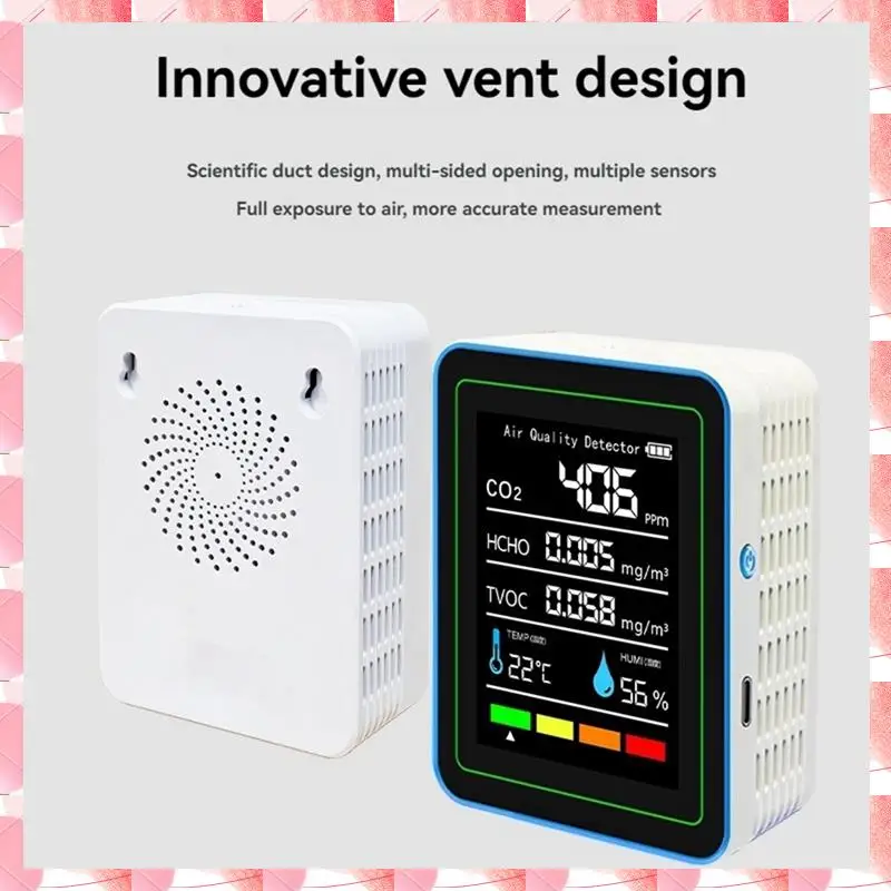 JAJA 5 In 1 Air Quality Monitor TVOC HCHO Temperature Humidity CO2 Meter, USB Rechargeable CO2 Detector
