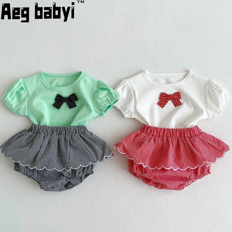 

Korean Baby Girls Clothes Sets Summer Bow Short Sleeve T-shirt Tops+ PP Shorts Suit Baby Girls Clothes Infant Baby Clothing Suit