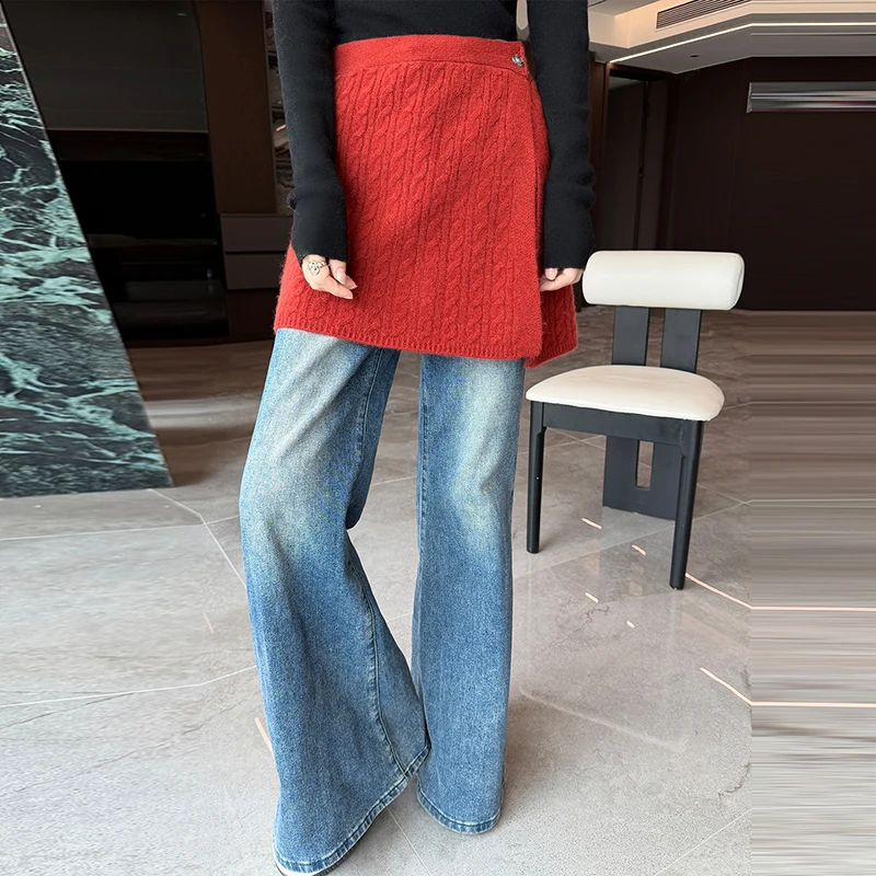 Women Fake Skirt 100% Merino Wool Extended Back Hem Autumn Winter Button Twisted Flower Decorative Detachable Hem Knitted Grace