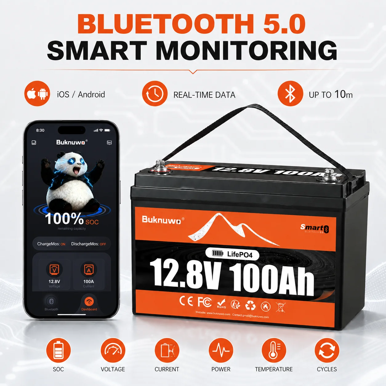 BUKNUWO Smart 12V 100Ah Bluetooth LiFePo4 Lithium Battery Pack 100A BMS For RV Boat Motor Inverter Solar Wind Off-Road Off-grid LiFePO4 Batter