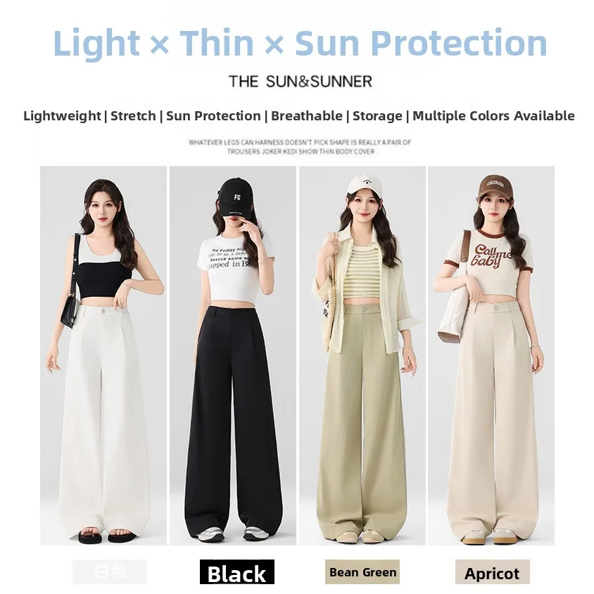 Calças de Proteção Solar Fenas de Perna Larga, Soltas, Retas, Finas, de Cintura Alta, Longas, Estilo Casual de Primavera ...