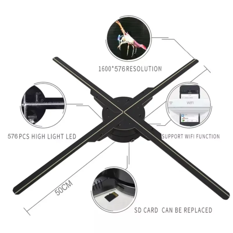 3D Holographic Fan Hologram Led Fan Hologram Projector 50Cm 4Blades Wifi App Control Wall Mounted 3D Hologram Projector