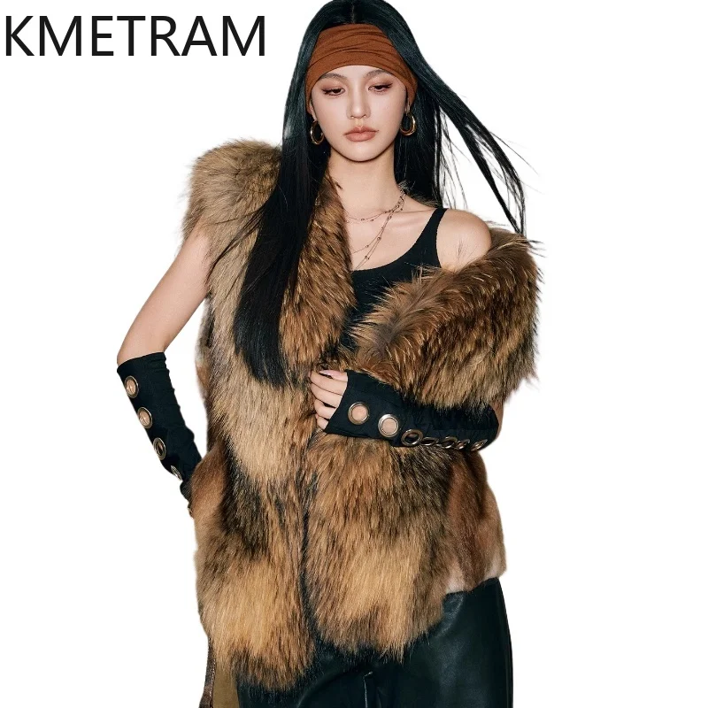 

KMETRAM Natural Raccoon Dog Fur Clothes for Woman High Quality Vest 2025 Autumn Short Sleeveless New Outerwears vestes femmes