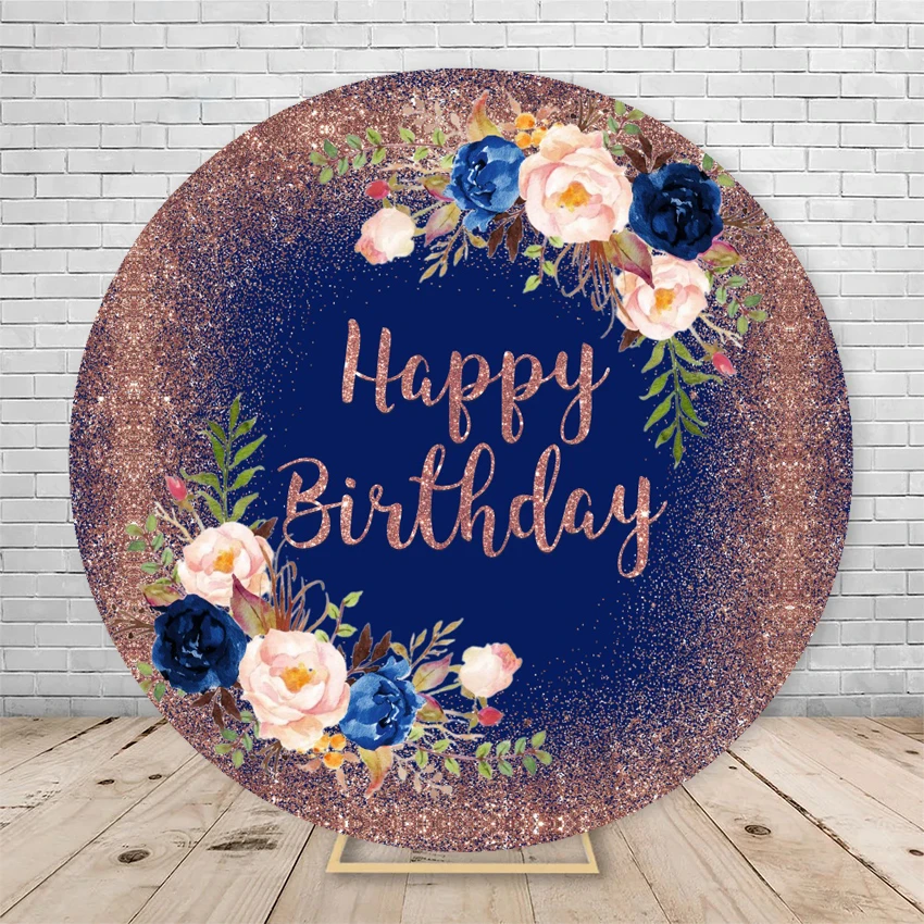 Adult Birthday Round Photography Backdrop Cover Blue Gold Glitter Balloon Circle Baby Shower Photo Background Studio Props