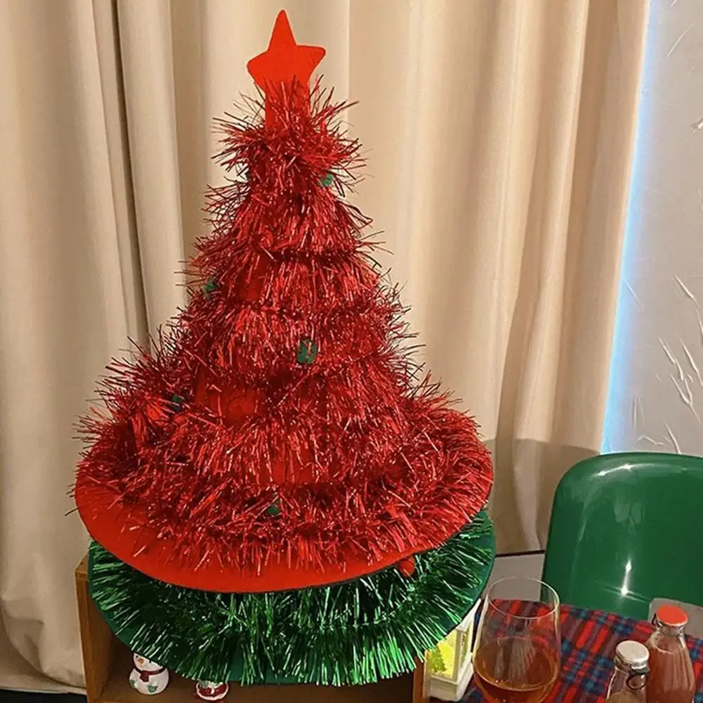 Family Gathering Hat Christmas Tree Hat with Golden Star Tiara Soft Santa Hat Holiday Headwear Funny Xmas Party for Women