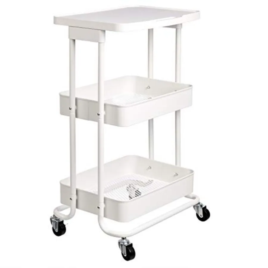 

2-Tier Rolling Metal Utility Cart with Shelf Portable Multi-Functional Storage White