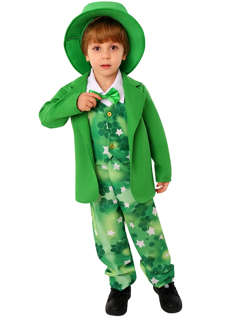 St.partrick day Ireland DayLeprechaun Cosplay Green Suit Costume Halloween Group Performance Suit for boy costume for kids