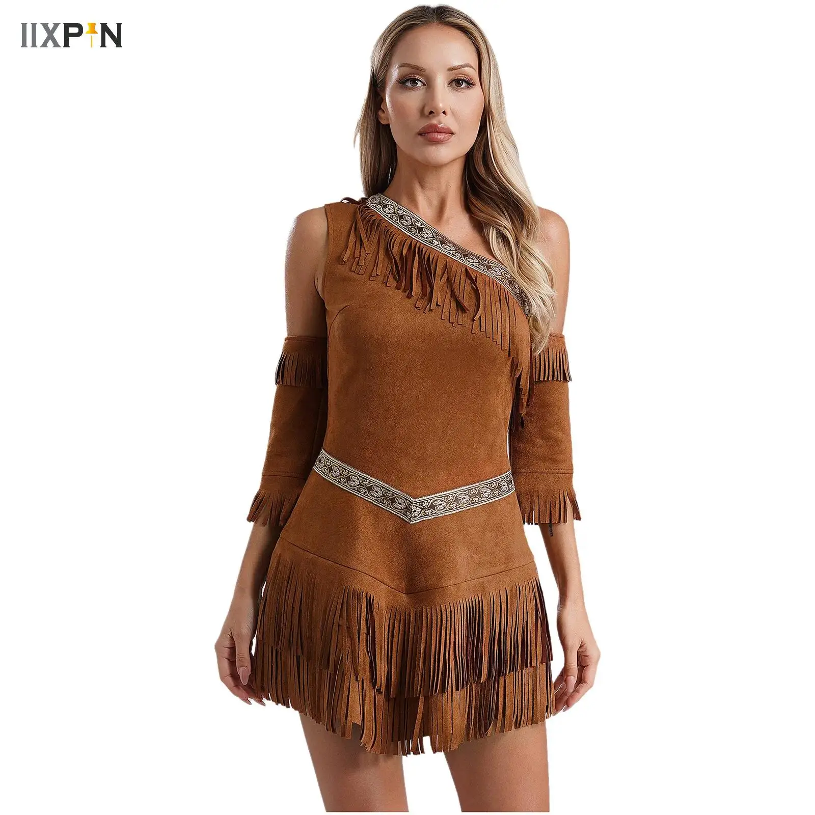 

Halloween Native Indians Princess Cosplay Costume One Shoulder Sleeveless Tassel Indian Tribal Stage Performance Dance Dress