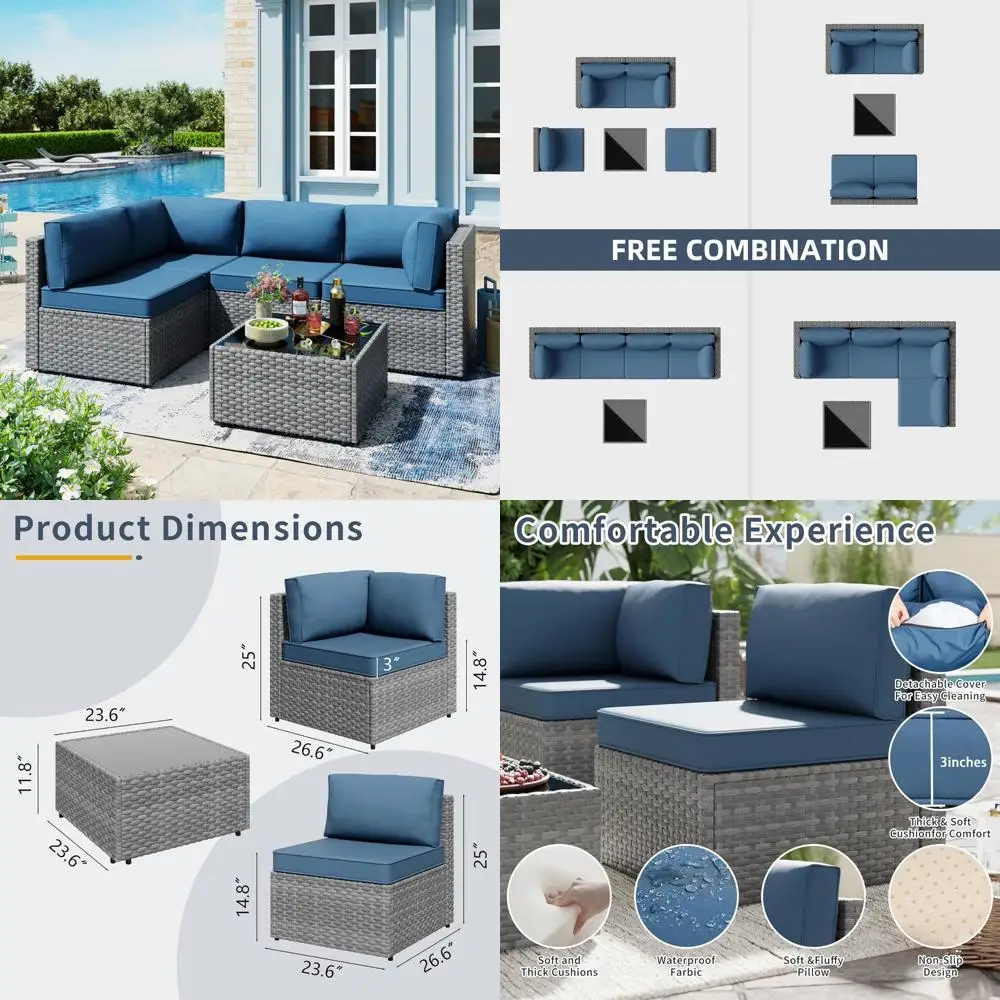 5pcs patio outdoor furniture sets conversation set,low back all-weather rattan sectional sofa with tea table&washable couch cus