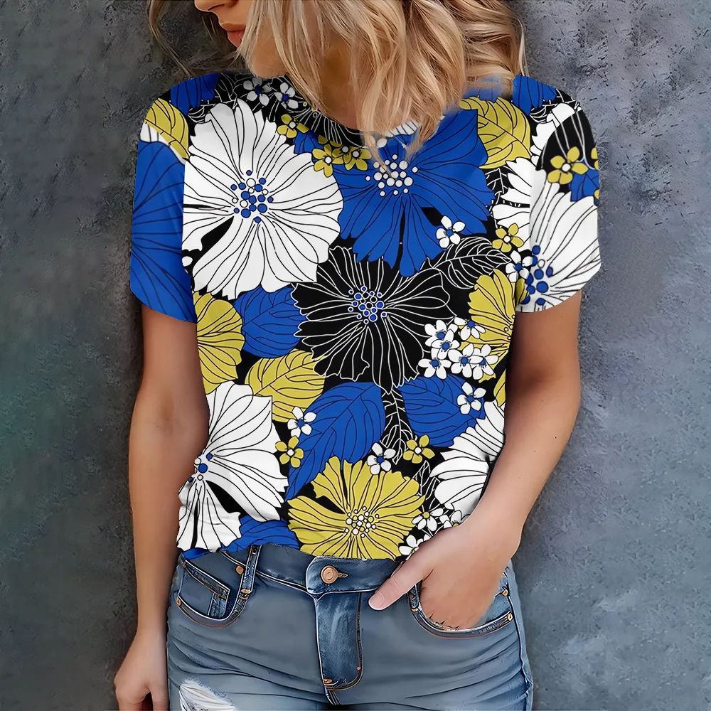 

Women's Blue White Yellow Black Floral Print T-Shirt - Natural Artistic Casual Summer Style Short Sleeve