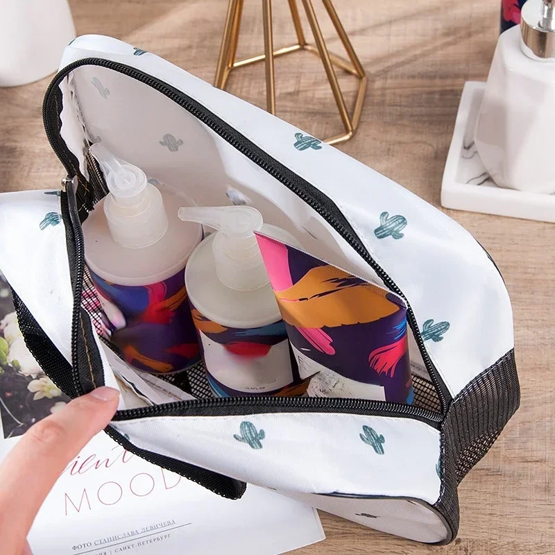 Summer Mesh Bottom Hollow Cosmetic Bag Tote Women Handbag Cactus Print Toiletry Bag Kit Travel Large Storage Makeup Organizer