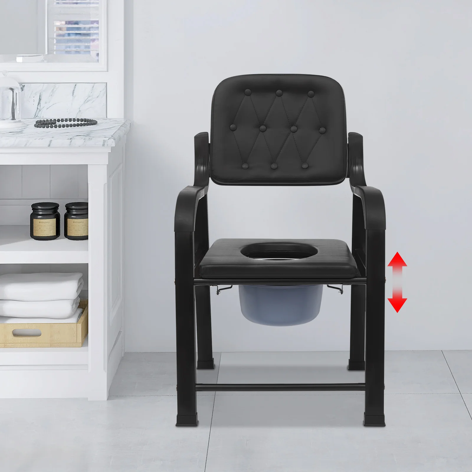 Sedia da toilette da comodino per anziani e disabili Vasino con bracciolo, sedile, sedia da toilette con secchio rimovibile, carico di 250 kg, altezza regolabile