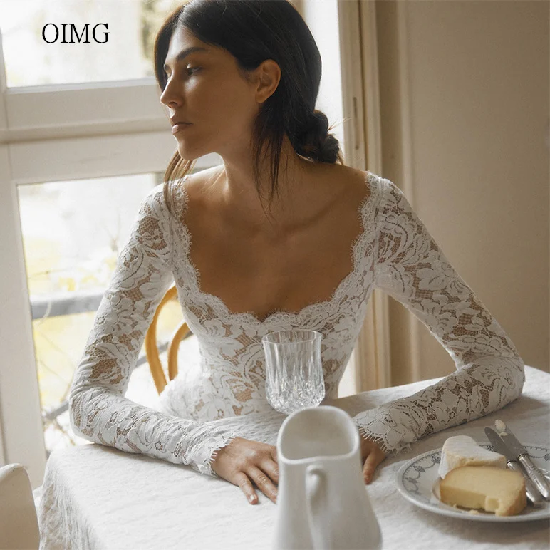 OIMG Elegant Lace Full Sleeves Mermaid Wedding Dress Long Tail Bride Dresses Floor Length Wedding Gown vestido novia Customized