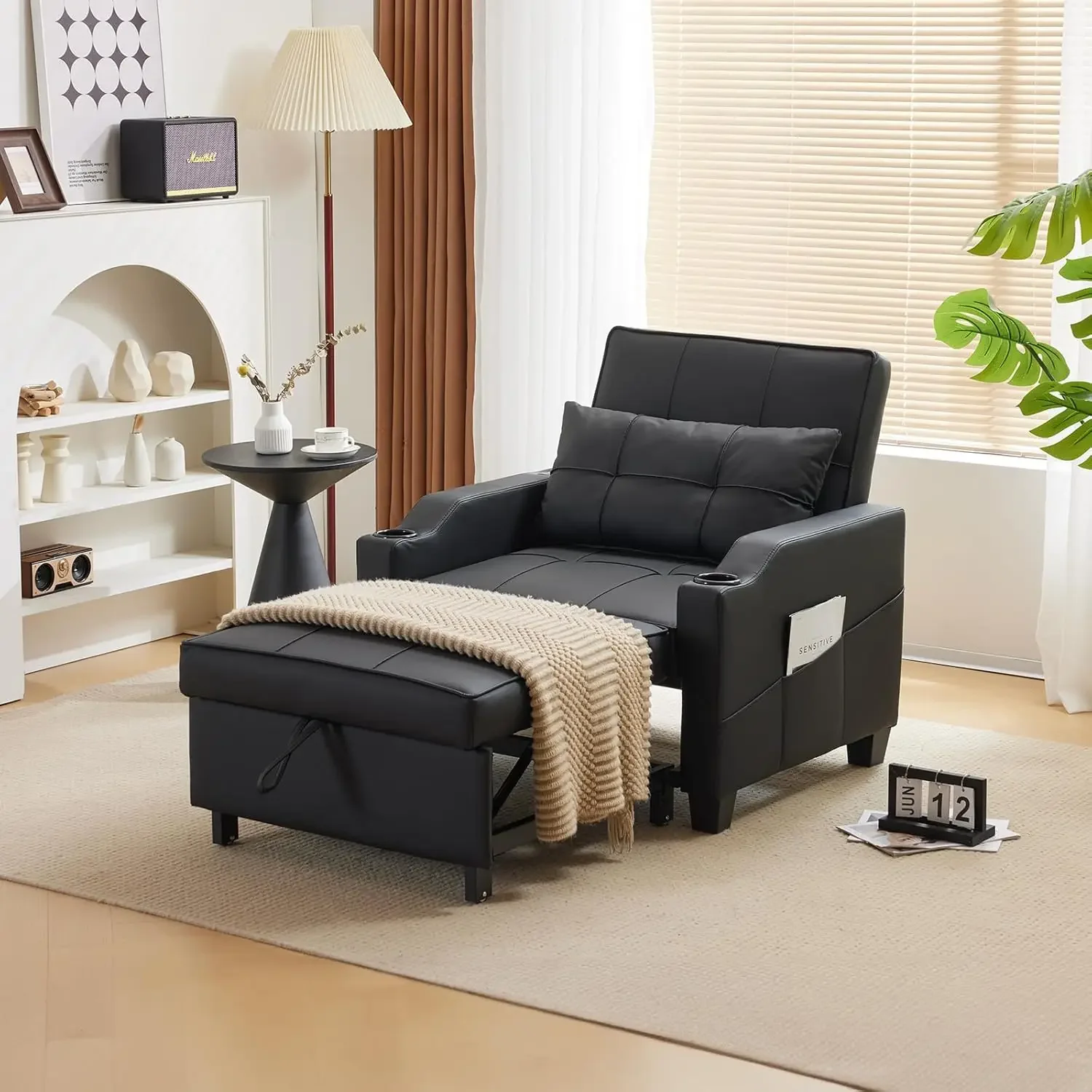 3-in-1 Convertible Sofa Bed Black Pull Out Couch Bed Adjustable Recliner Chair Bed with 2 USB Ports 2 Cup Holders