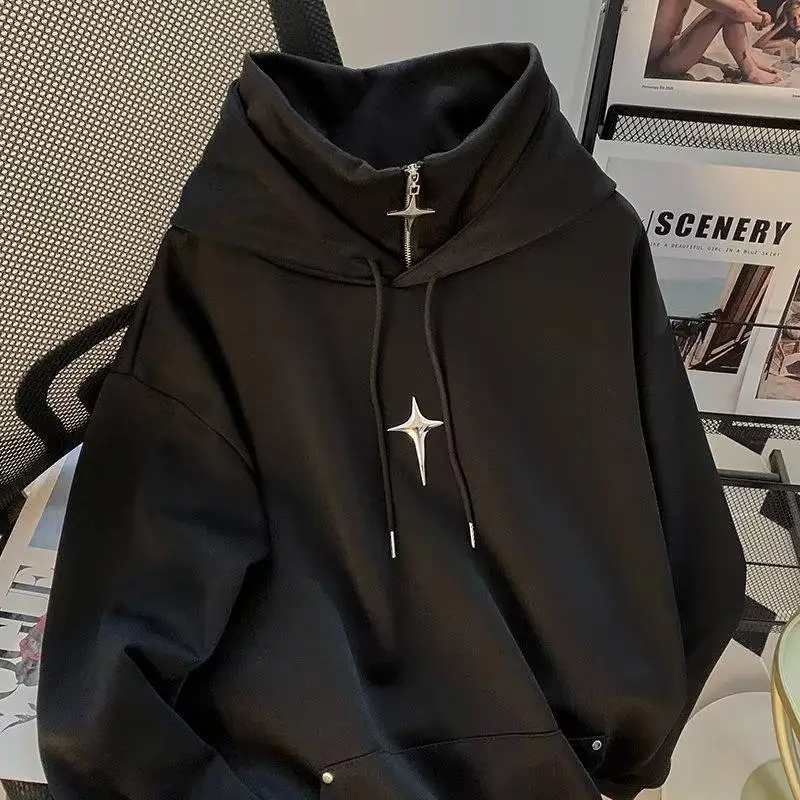 

Мужская толстовка с капюшоном и высоким воротником, на флисовой подкладке, утепленная, повседневная, молодежная, модная, зимняя верхняя одежда, свободный крой, удобная, стильная