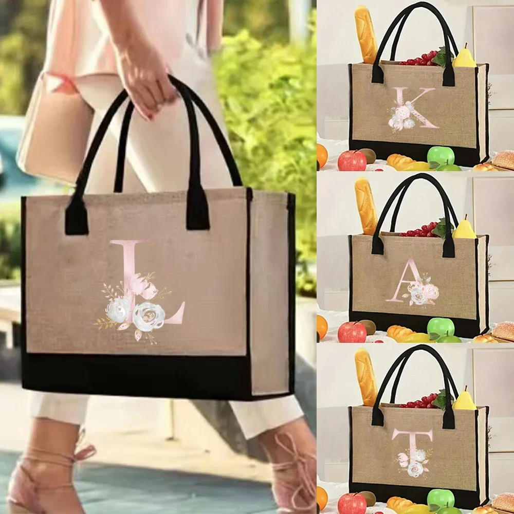 Vintage Tote Bag Eco Jute Shopping Bag Pink Flower Series Reusable Portable Shoulder Handbag for Travel Grocery Fashion