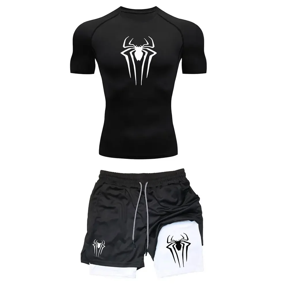 Compression training sportswear men's set, spider print running fitness T-shirt, breathable running shorts, quick drying exercis