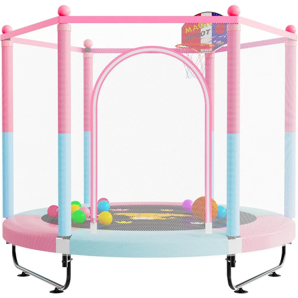 Kids,5 FT Indoor & Outdoor Small Toddler Trampoline with Basketball Hoop, Safety Enclosure, Baby Trampoline Toys, Birthday Gifts