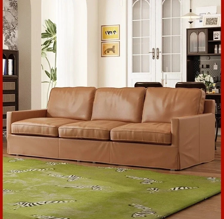 z.American Style Leather Sofa Tofu Block Top Layer Cowhide Straight Row New Chinese Style Sofa