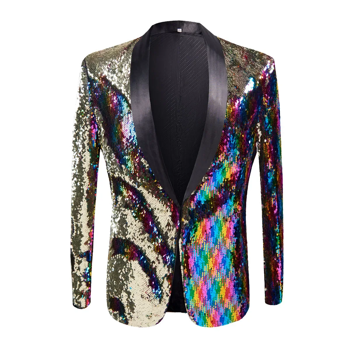 

Men Stylish Two Color Conversion Shiny Sequins Blazer Suit Jacket Shawl Lape Tuxedo Blazers Party Nightclub Stage Singer Costume