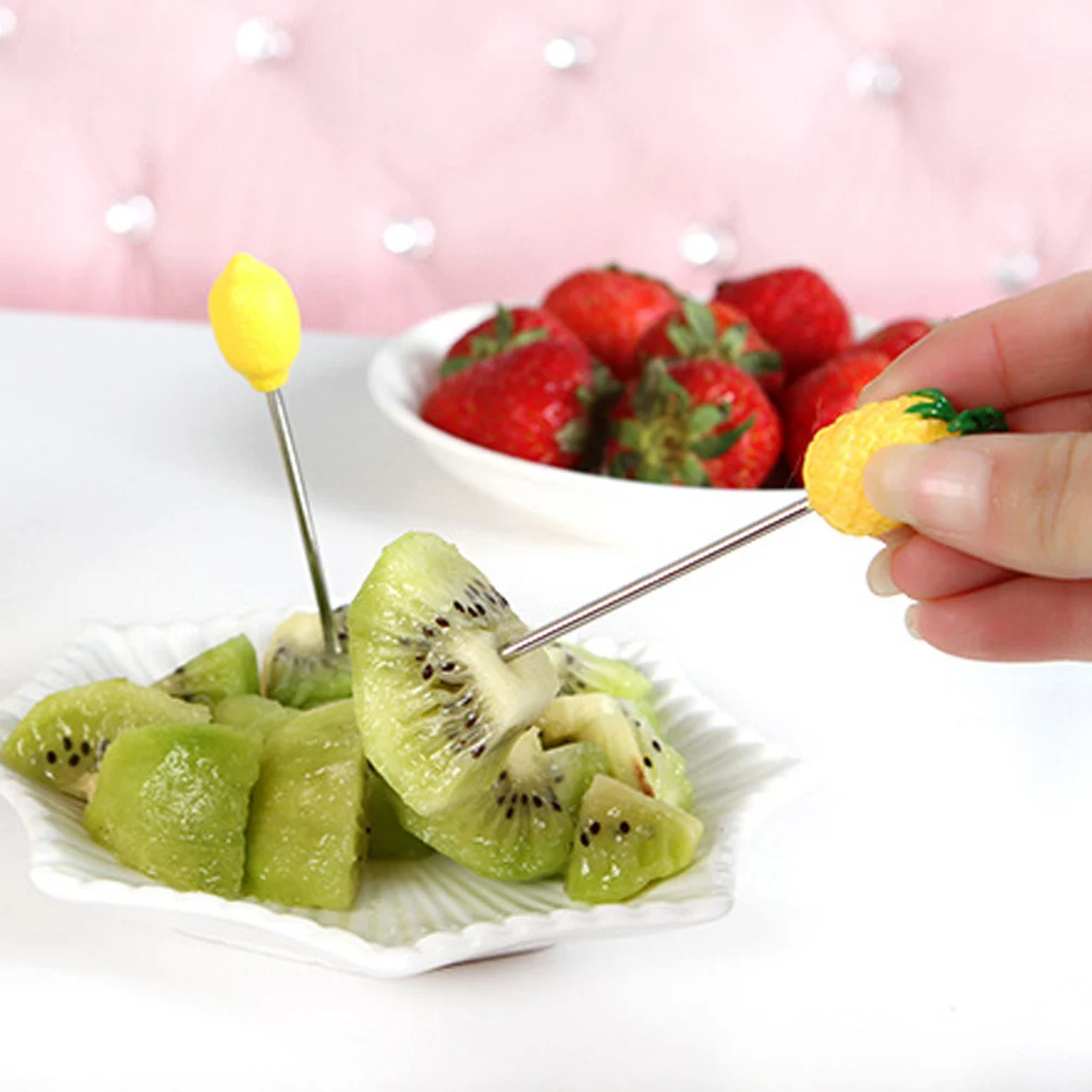 

6Pcs Stainless Steel Fruit Fork Set Creative Fruit Design Green Yellow Canister Party Wedding Dessert Picks Reusable