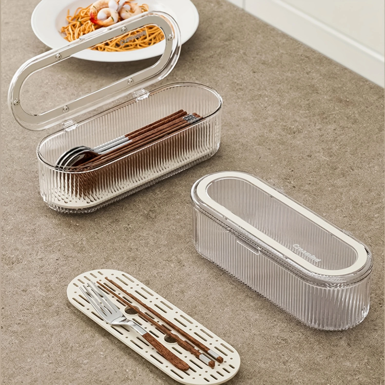 

Flatware Tray Kitchen Drawer Organizer With Lid And Drainer - Plastic Kitchen Cutlery Tray and Utensil Container with Cover - D