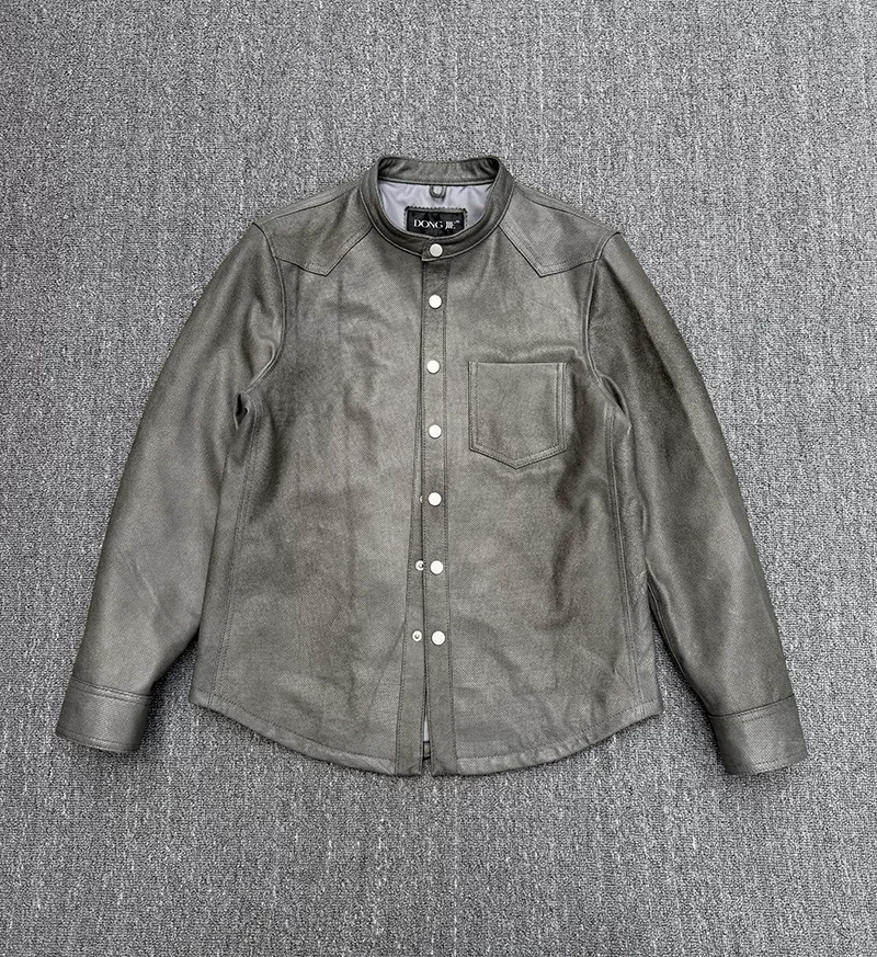 Breathable perforated top layer sheepskin leather leather men's stand-up collar shirt gray shirt coat leather jacket