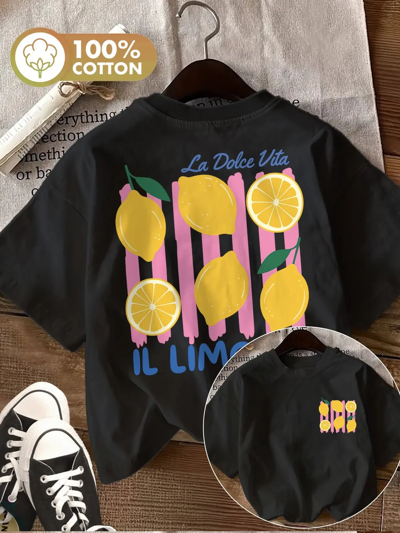 100% Cotton New Summer Men's and Women's Short-Sleeved Round-Neck T-Shirt, Fresh Style Lemon Stripe Print Fashionable and Casual